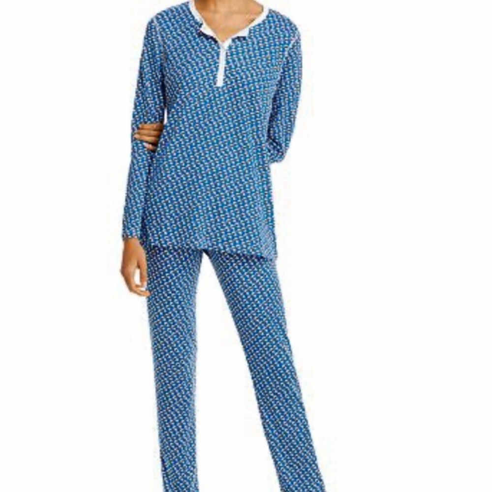 Bloomies x Roller Rabbit Blue White Heart Skull Pima Cotton Pajama Top Pant Set - Picture 2 of 7
